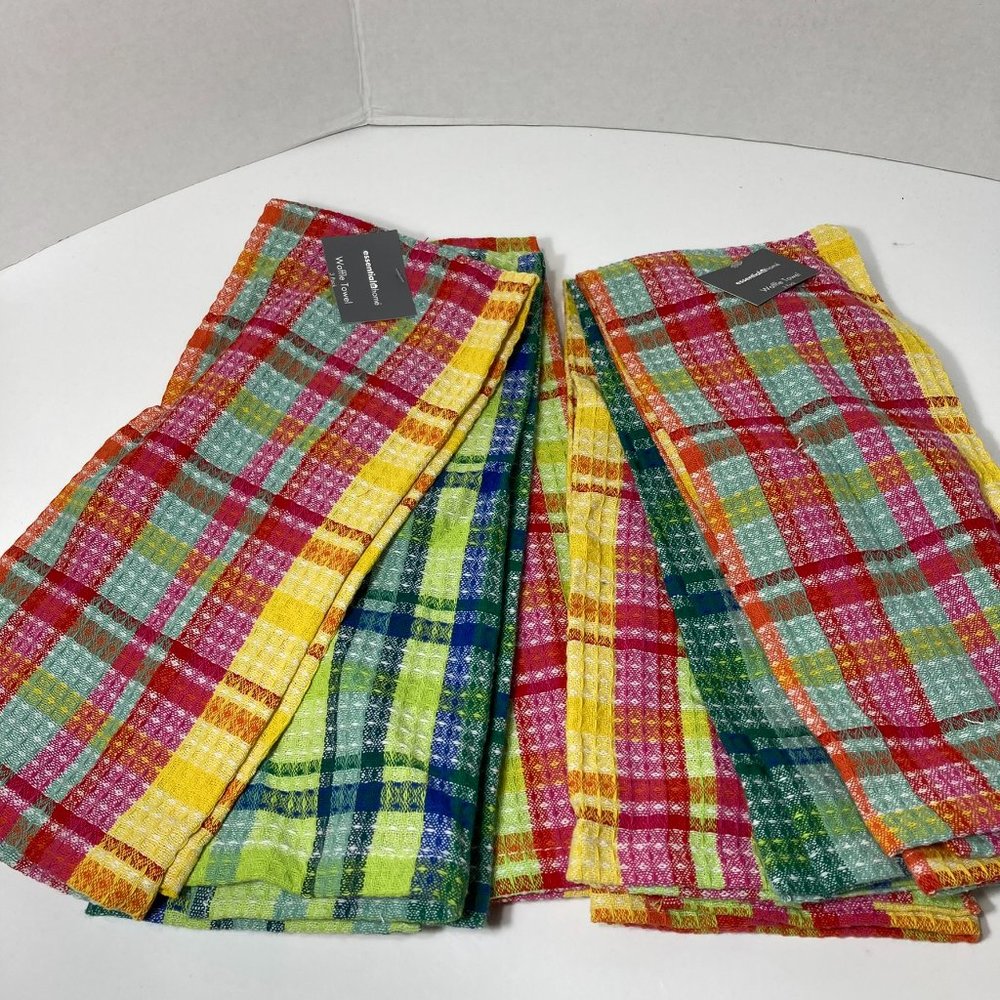 100% Cotton Kitchen Towels Waffle Spring Colors Pink Yellow Green